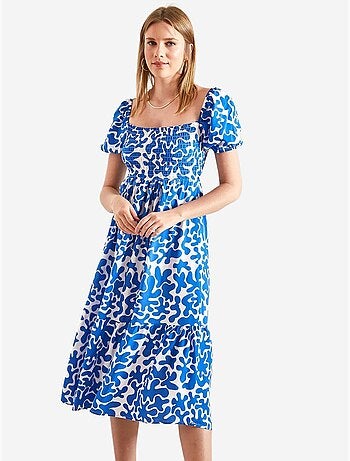 Vestido evasé estampado com cintura franzida lucci