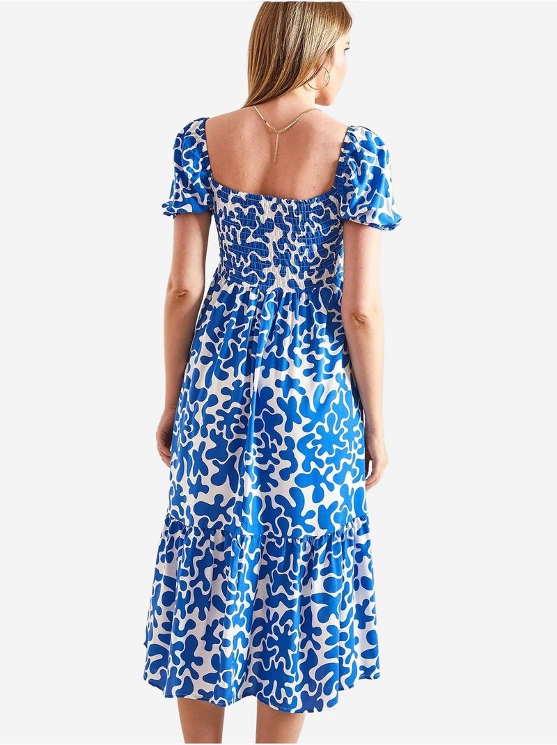 Vestido evasé estampado com cintura franzida lucci Azul claro - Kiabi