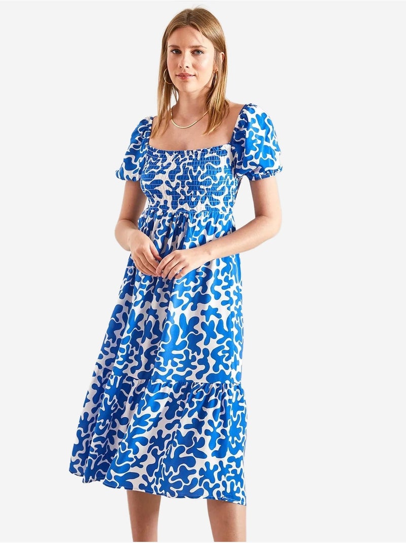 Vestido evasé estampado com cintura franzida lucci Azul claro - Kiabi