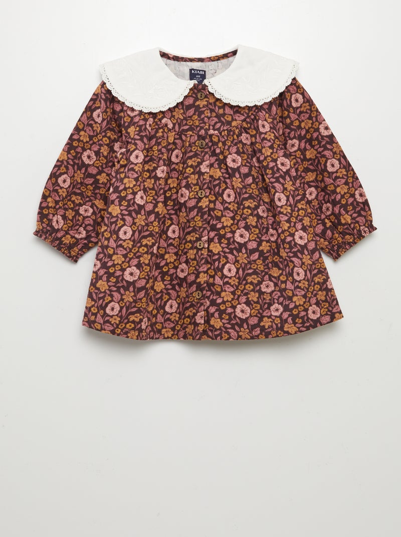 Vestido floral em gaze dupla de algodão com gola claudine CASTANHO - Kiabi