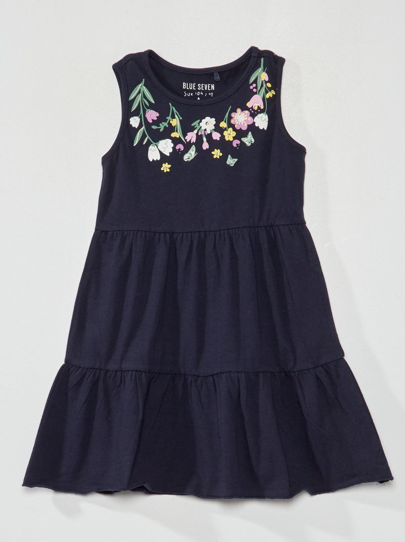 Vestido florido com camadas e folhos Azul Marinho - Kiabi