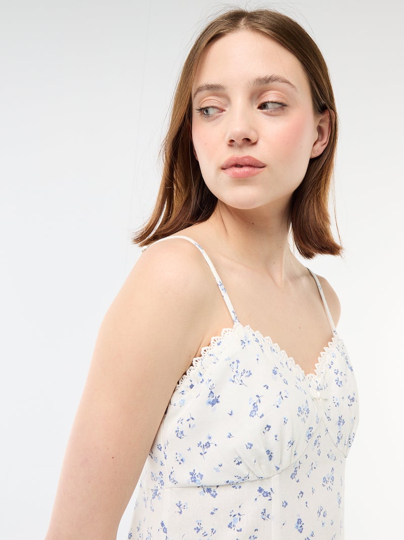 Vestido florido em linho misto Branco - Kiabi