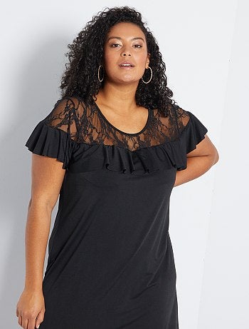 Vestido fluido com folhos e renda - Kiabi