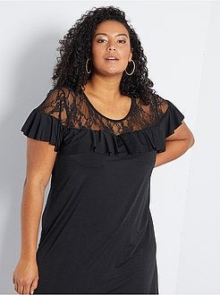 Vestido fluido com folhos e renda - Kiabi