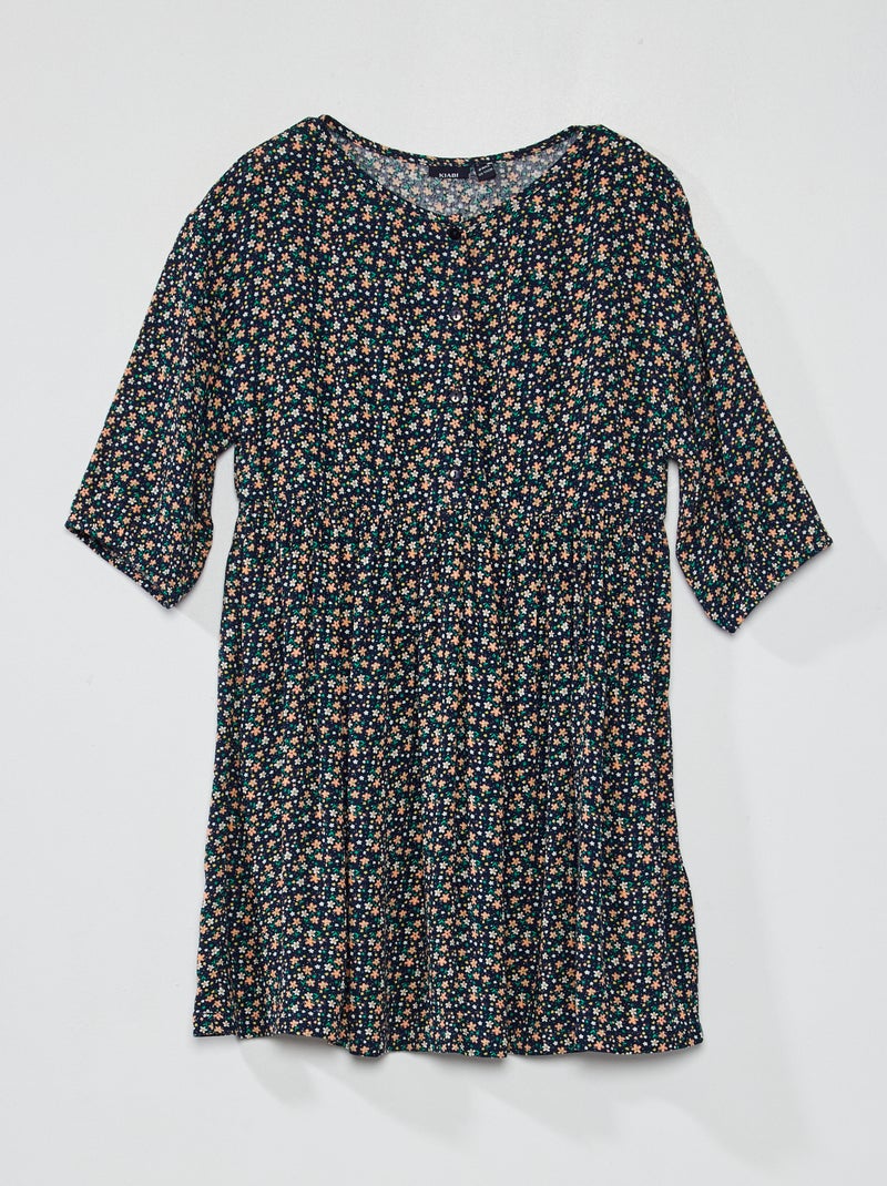 Vestido fluido e leve com motivos florais AZUL - Kiabi
