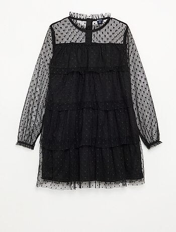 Vestido 'Halloween' de manga comprida em plumetis com gola alta