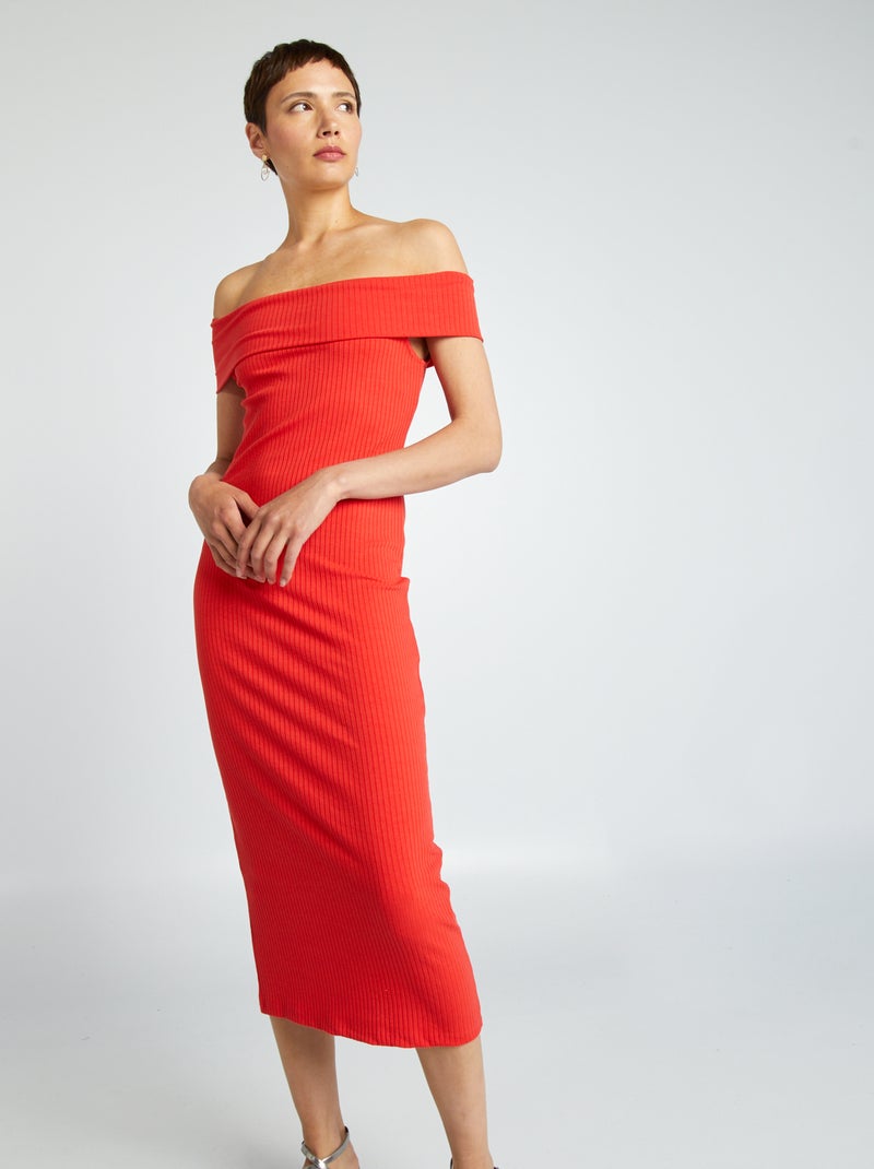 Vestido justo de malha canelada com gola Bardot VERMELHO - Kiabi