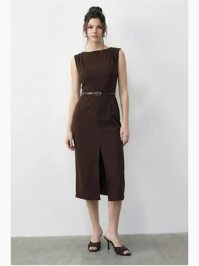 Vestido lápis midi com cinto e decote em bico da lucci Castanho-escuro - Kiabi
