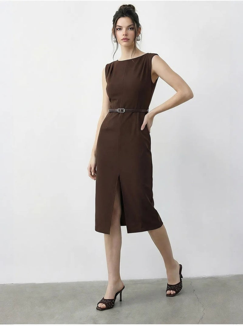 Vestido lápis midi com cinto e decote em bico da lucci Castanho-escuro - Kiabi