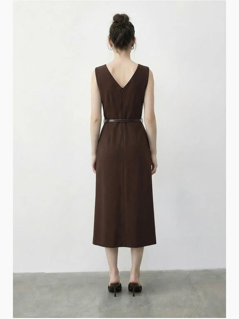 Vestido lápis midi com cinto e decote em bico da lucci Castanho-escuro - Kiabi