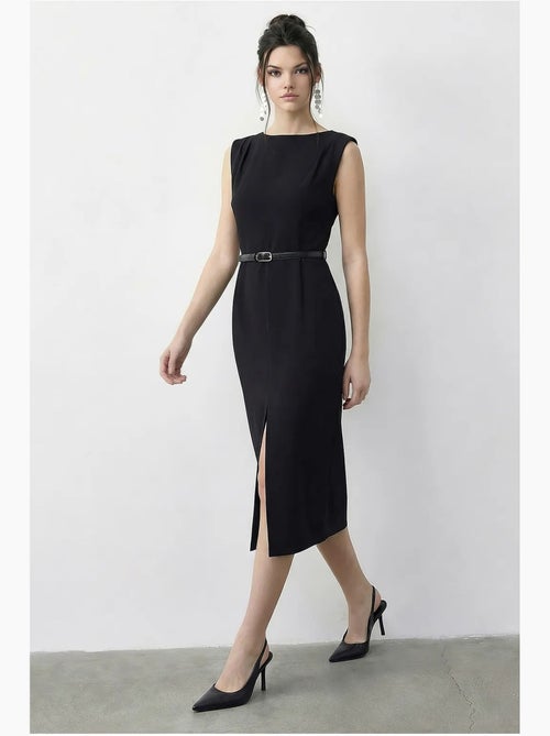 Vestido lápis midi com cinto e decote em bico da lucci - Kiabi