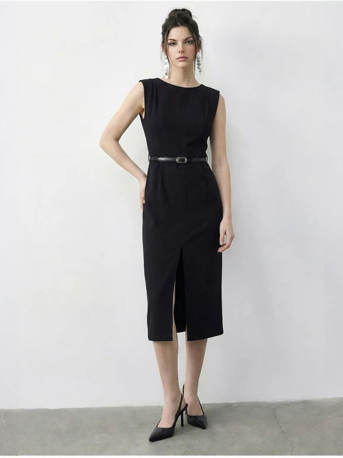 Vestido lápis midi com cinto e decote em bico da lucci - Kiabi