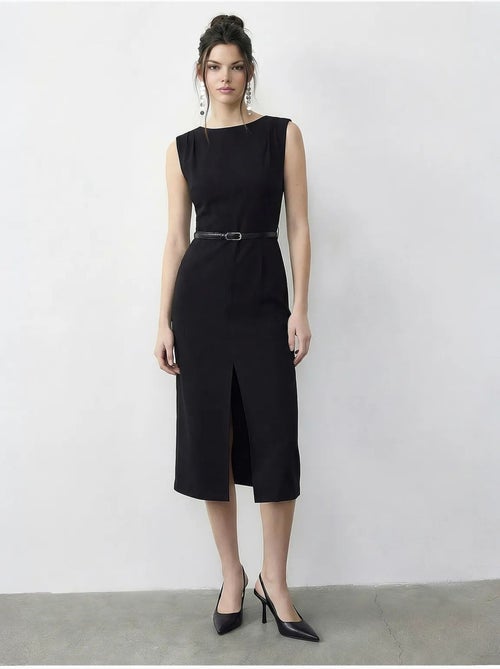 Vestido lápis midi com cinto e decote em bico da lucci - Kiabi