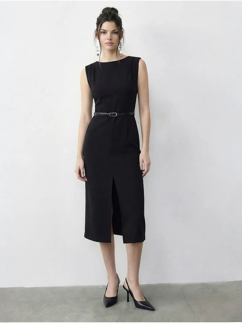 Vestido lápis midi com cinto e decote em bico da lucci Preto - Kiabi