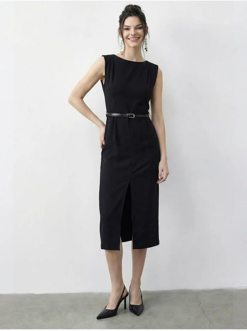 Vestido lápis midi com cinto e decote em bico da lucci - Kiabi