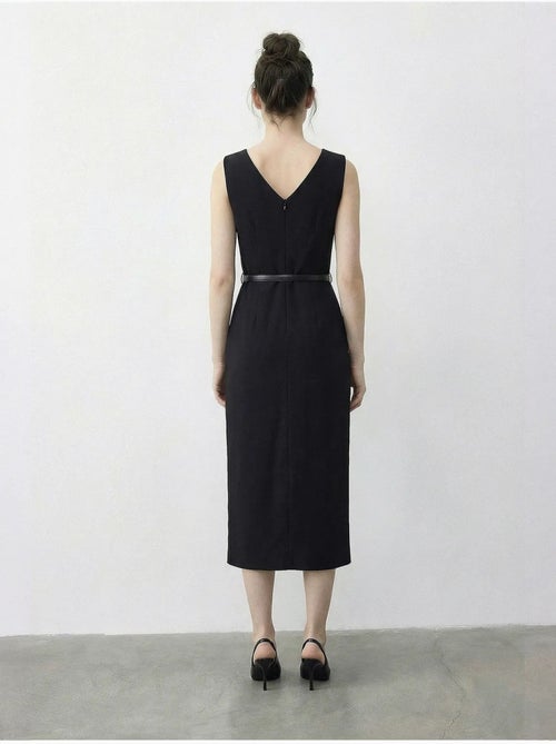 Vestido lápis midi com cinto e decote em bico da lucci - Kiabi