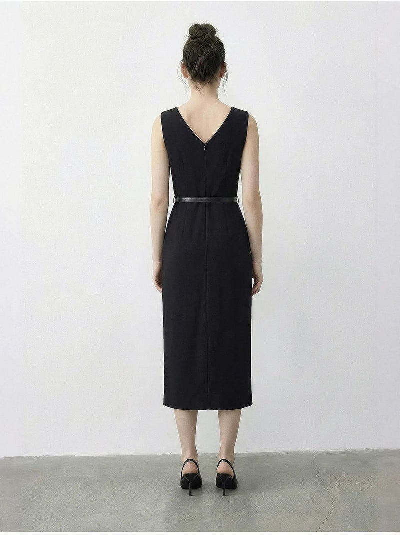 Vestido lápis midi com cinto e decote em bico da lucci Preto - Kiabi