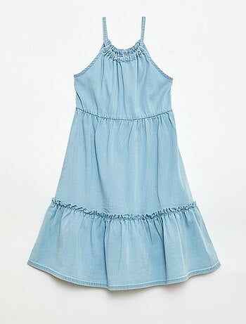 Vestido liso de alças e folhos