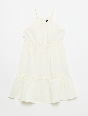 Vestido liso de alças e folhos