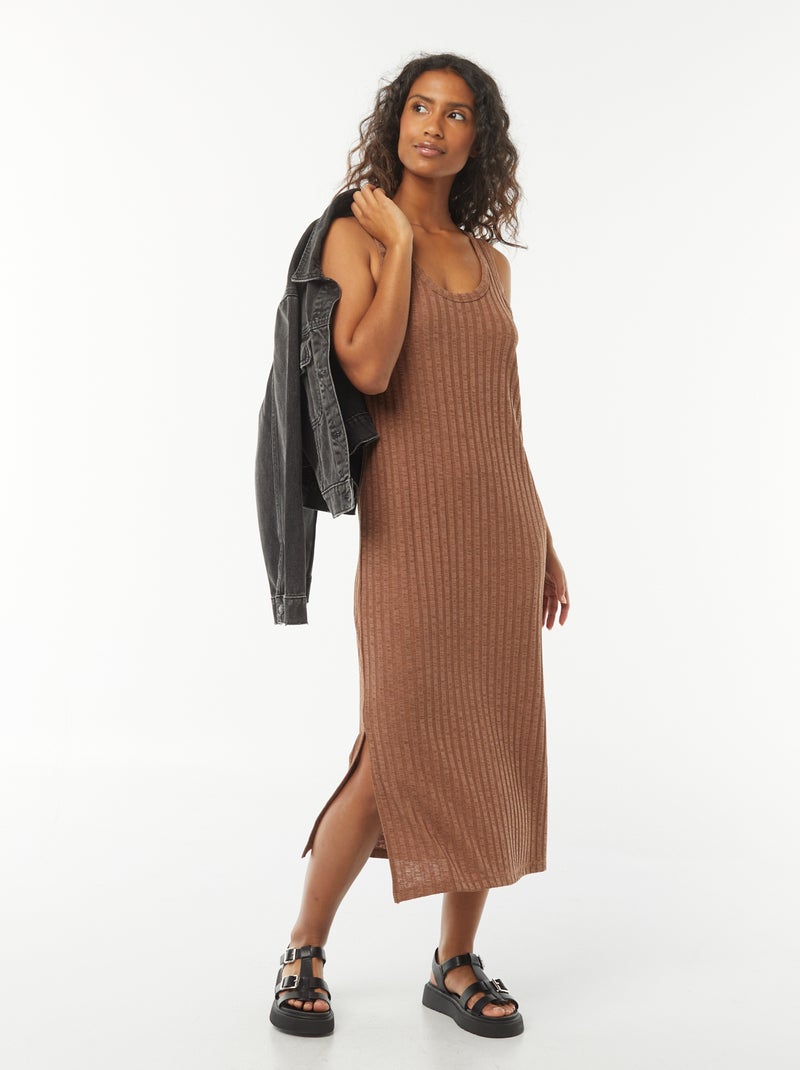 Vestido liso sem manga Castanho - Kiabi