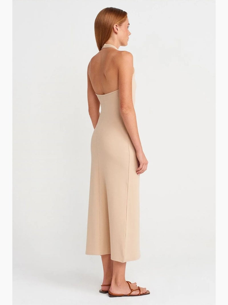 Vestido longo canelado decote halter com racha dilvin Bege-argila - Kiabi