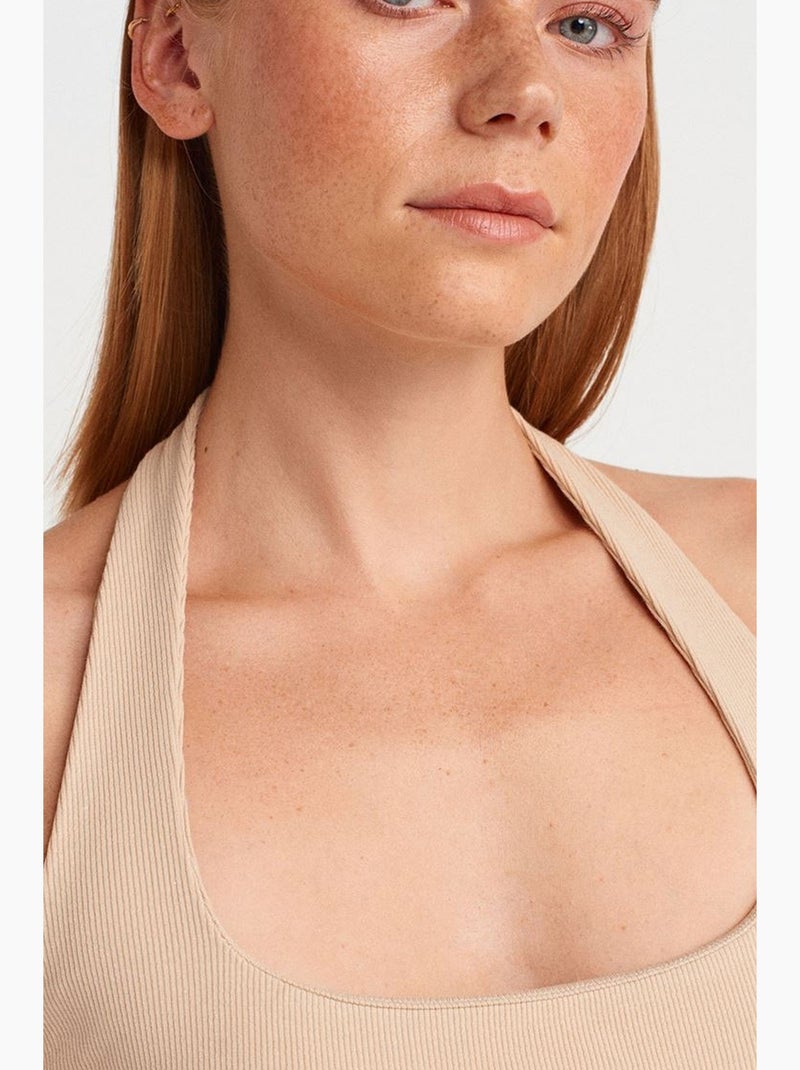 Vestido longo canelado decote halter com racha dilvin Bege-argila - Kiabi