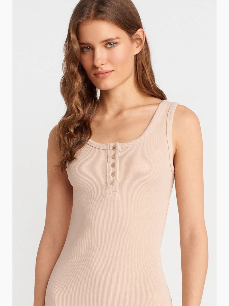 Vestido longo canelado justo com botões dilvin Bege natural - Kiabi
