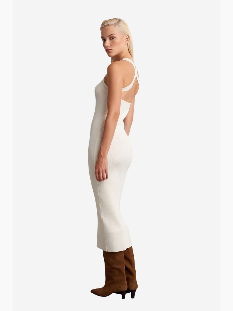 Vestido longo canelado justo decote halter dilvin Creme - Kiabi
