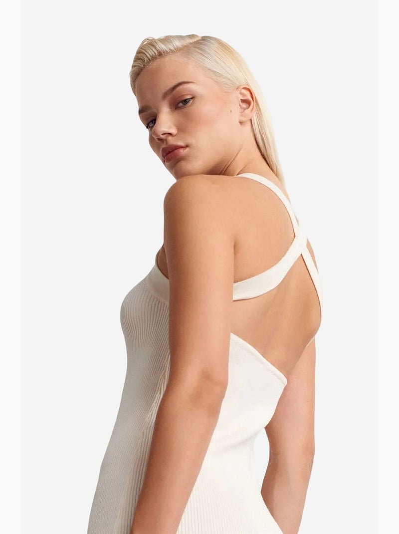 Vestido longo canelado justo decote halter dilvin Creme - Kiabi