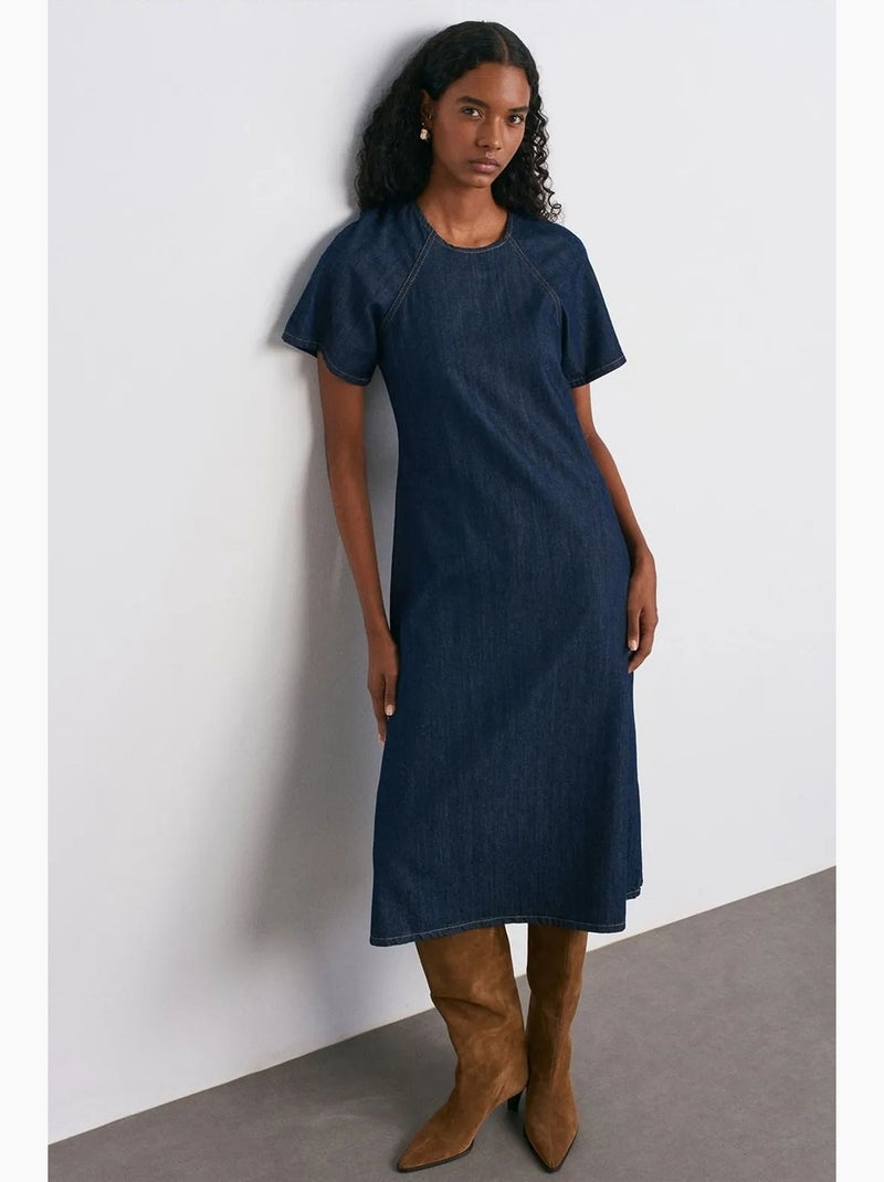 Vestido longo de ganga corte evasé dilvin Azul-ultramar - Kiabi