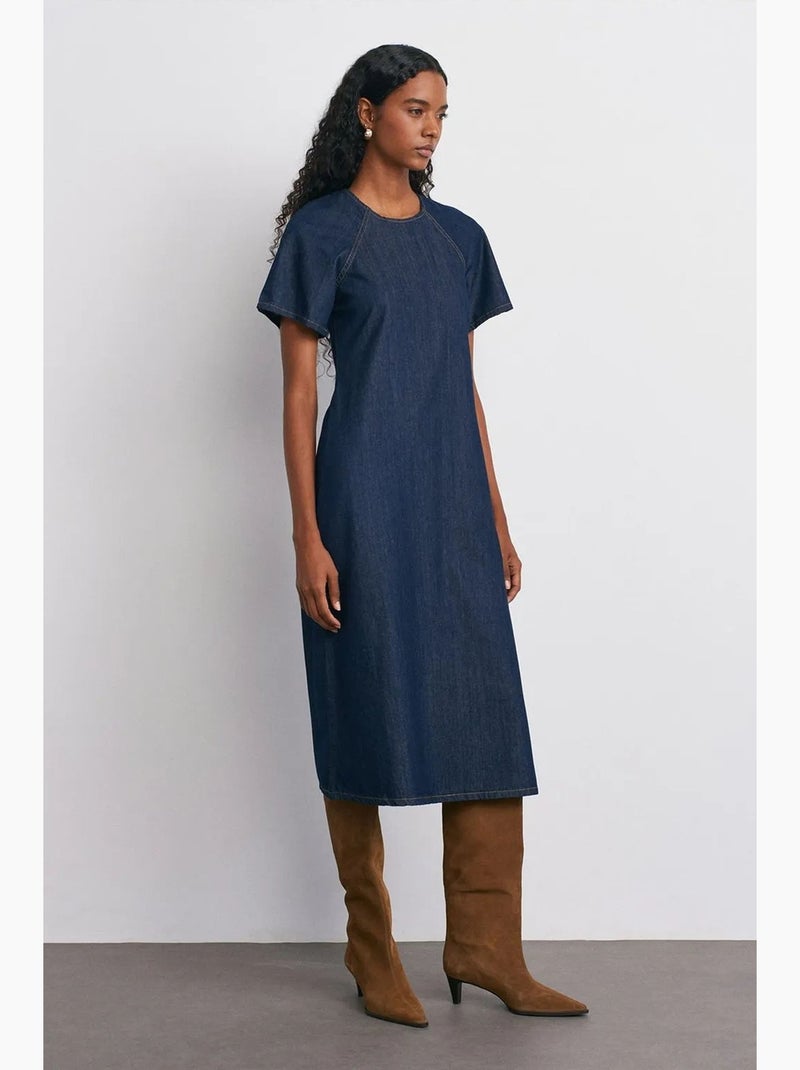 Vestido longo de ganga corte evasé dilvin Azul-ultramar - Kiabi