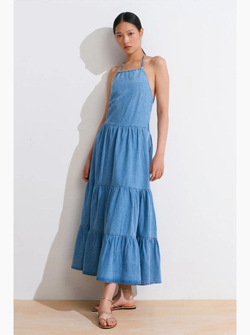 Vestido longo de ganga dilvin Azul-safira - Kiabi
