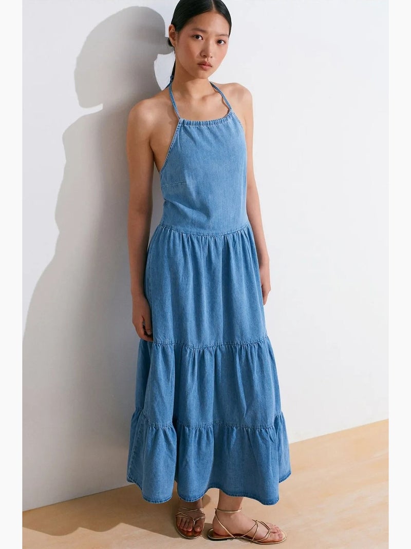 Vestido longo de ganga dilvin Azul-safira - Kiabi