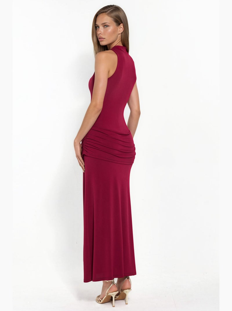 Vestido longo de gola alta com fenda hiccup Vermelho bordô - Kiabi