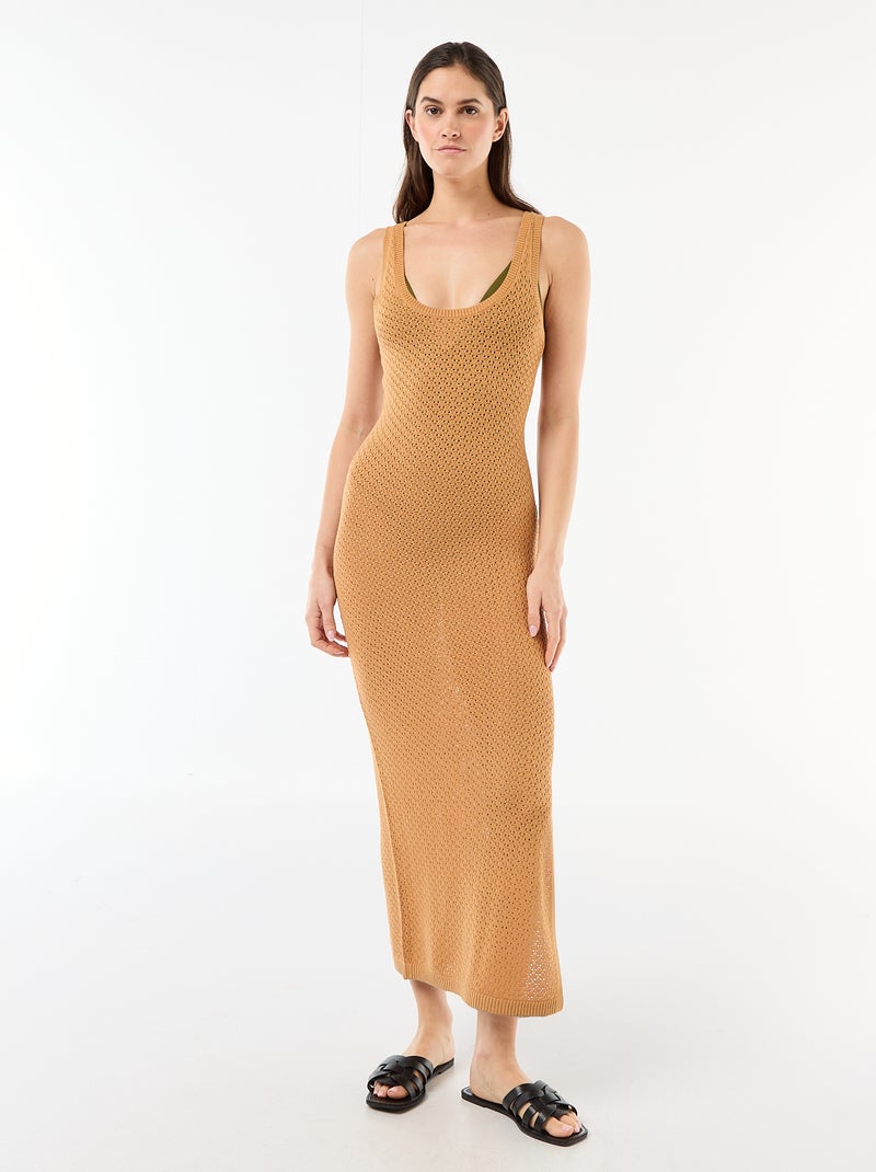 Vestido longo de praia em malha de crochê Castanho - Kiabi