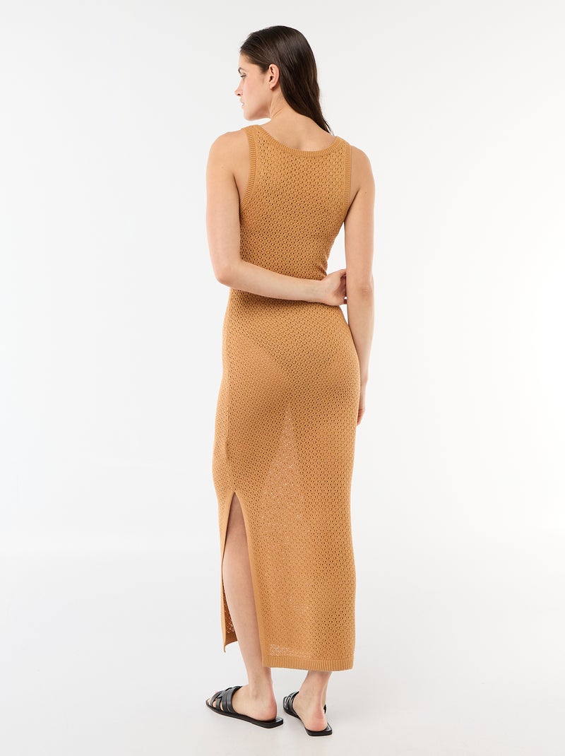 Vestido longo de praia em malha de crochê Castanho - Kiabi