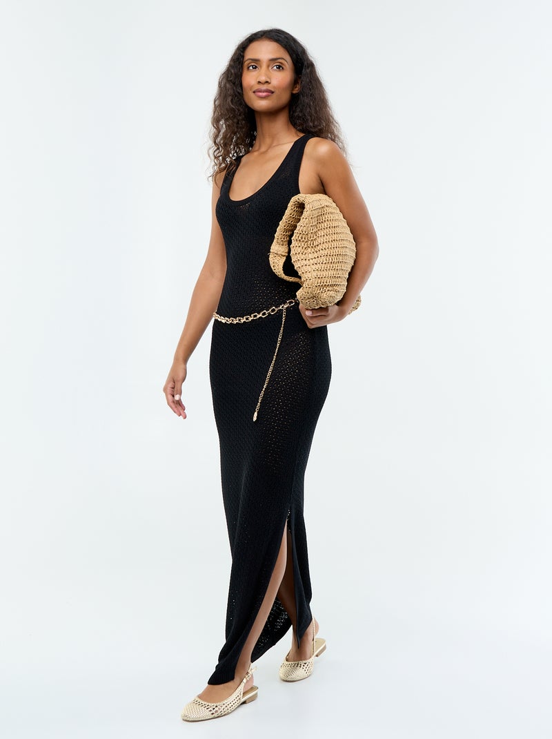 Vestido longo de praia em malha de crochê Preto - Kiabi