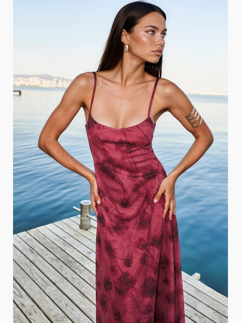 Vestido longo de tule floral com alças hiccup Vermelho bordô - Kiabi