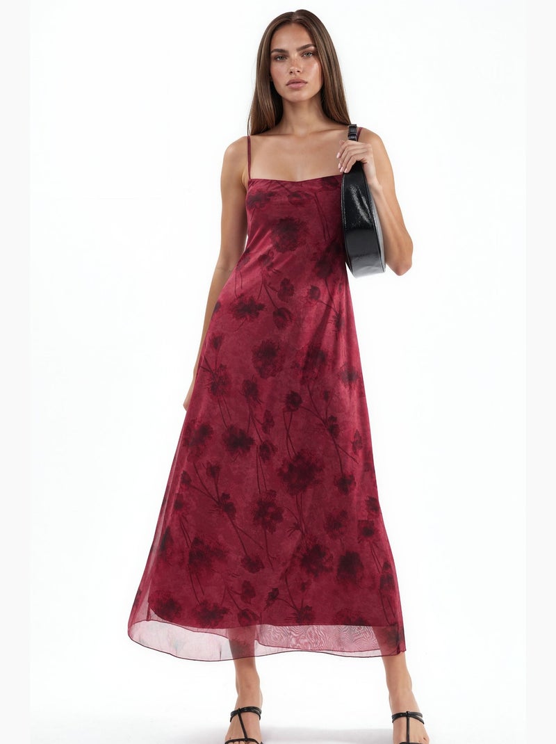 Vestido longo de tule floral com alças hiccup Vermelho bordô - Kiabi