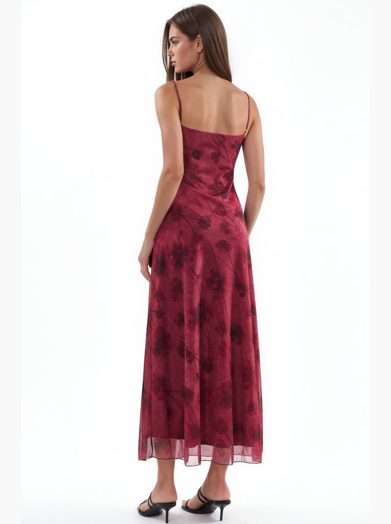 Vestido longo de tule floral com alças hiccup Vermelho bordô - Kiabi