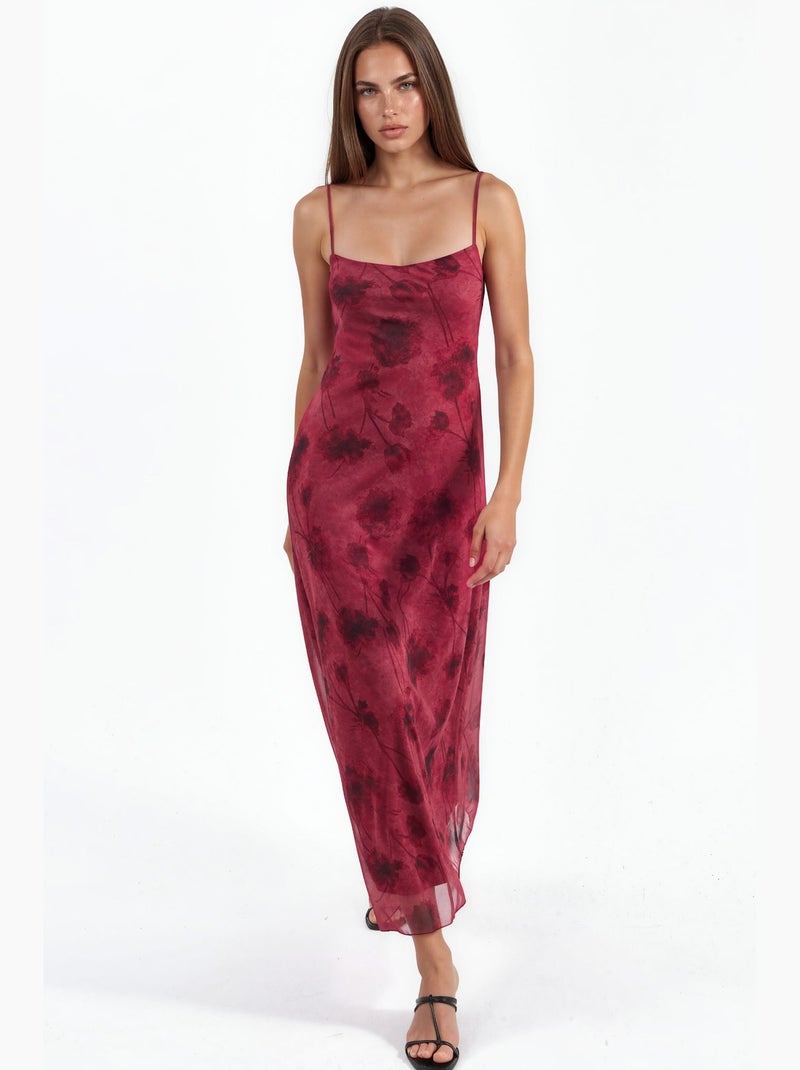 Vestido longo de tule floral com alças hiccup Vermelho bordô - Kiabi