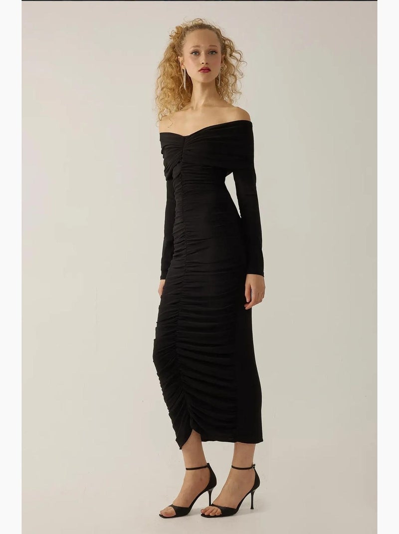 Vestido longo justo drapeado de ombros descobertos hiccup Preto - Kiabi