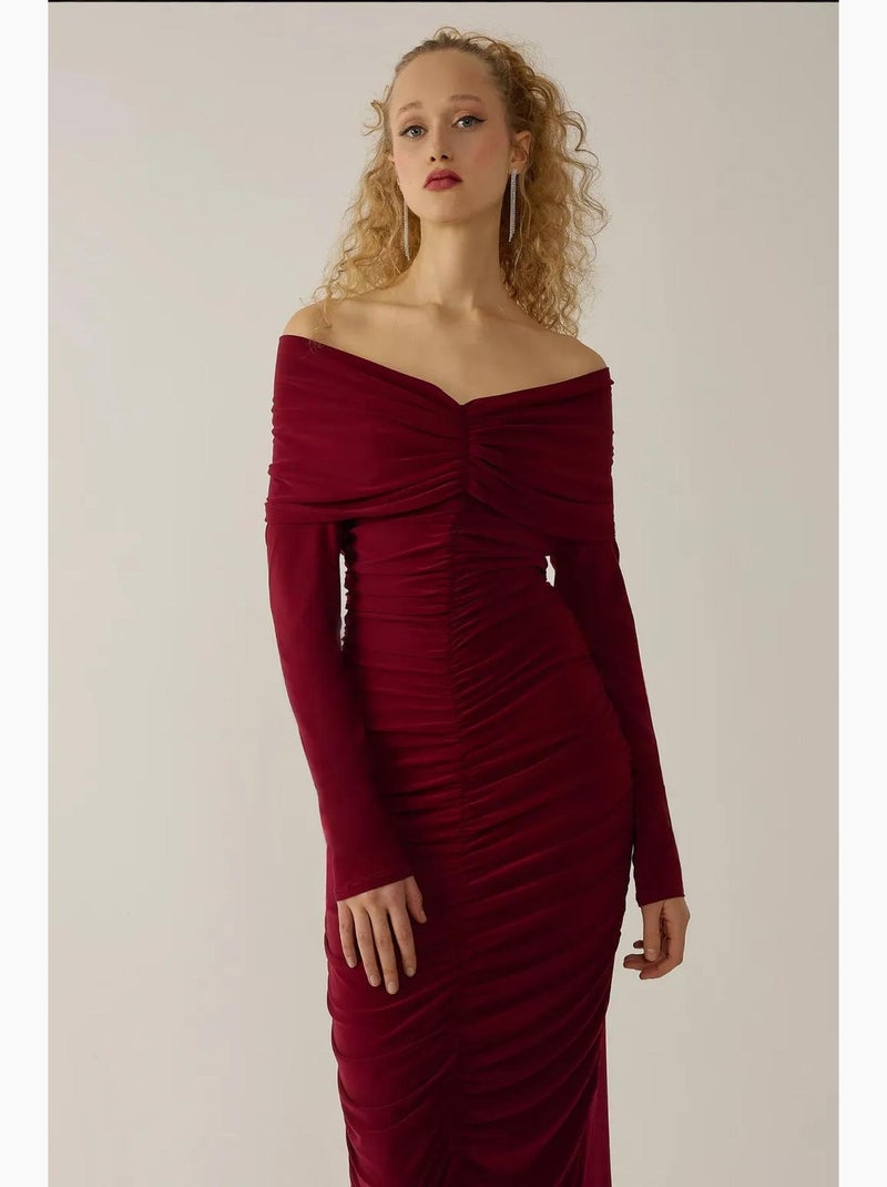Vestido longo justo drapeado de ombros descobertos hiccup Vermelho bordô - Kiabi