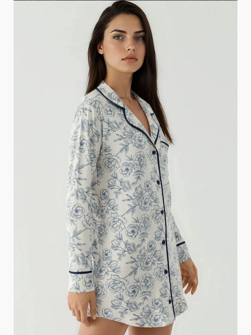Vestido lounge mini estampado com colarinho de camisa e corte relaxed hiccup Creme - Kiabi