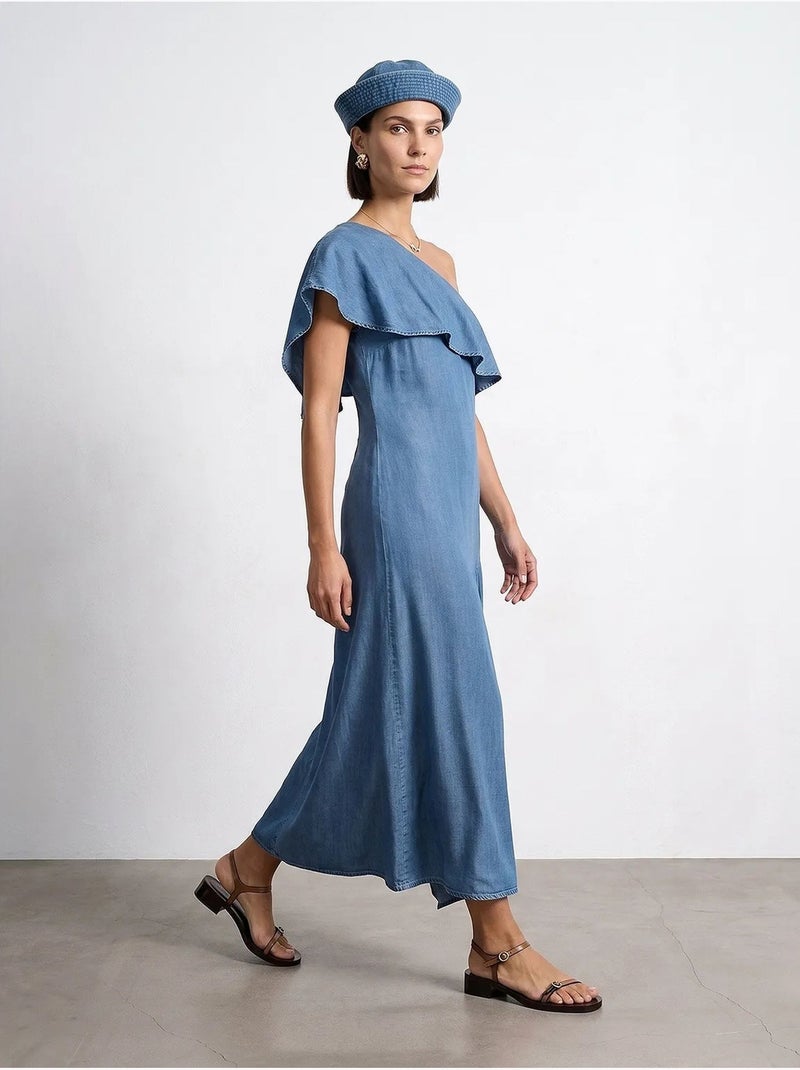 Vestido maxi assimétrico de uma manga dilvin Azul - Kiabi