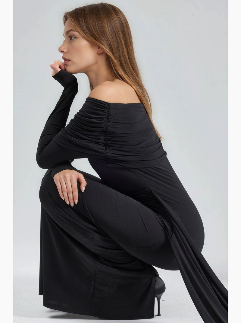 Vestido maxi bodycon assimétrico com racha hiccup Preto - Kiabi