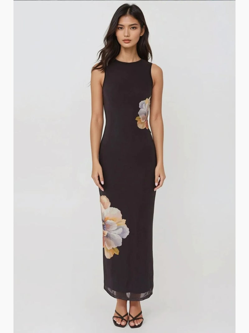 Vestido maxi bodycon com decote redondo floral hiccup Preto - Kiabi