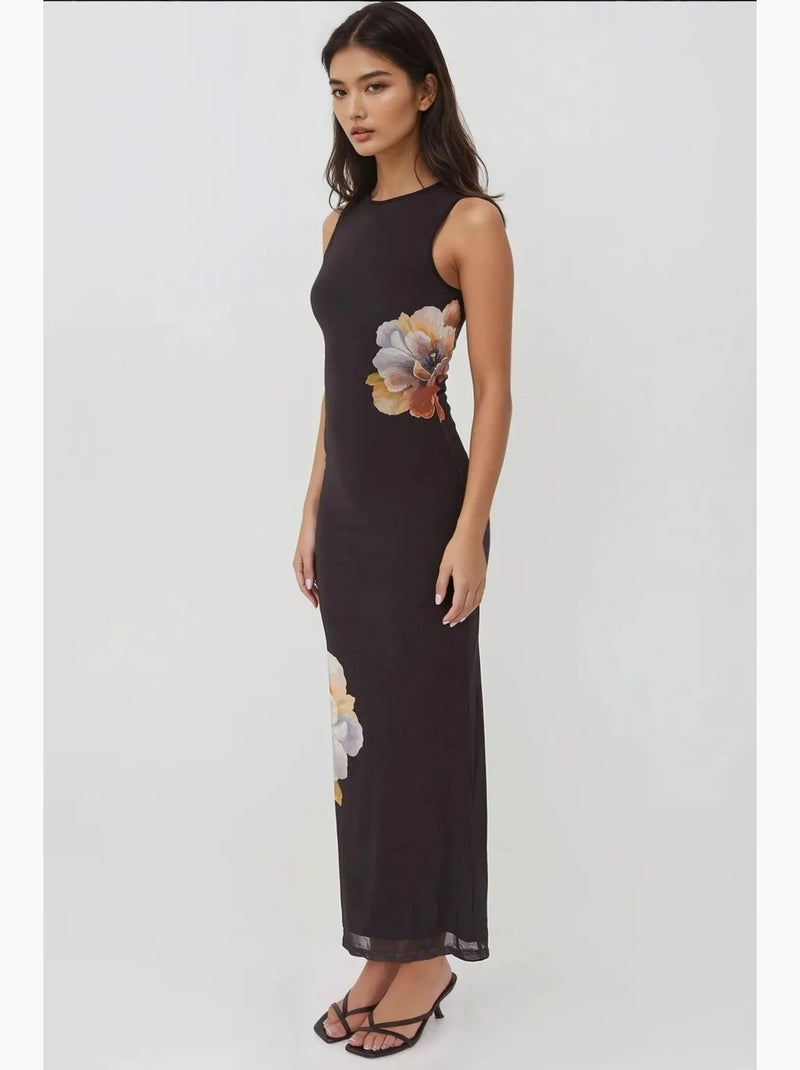 Vestido maxi bodycon com decote redondo floral hiccup Preto - Kiabi