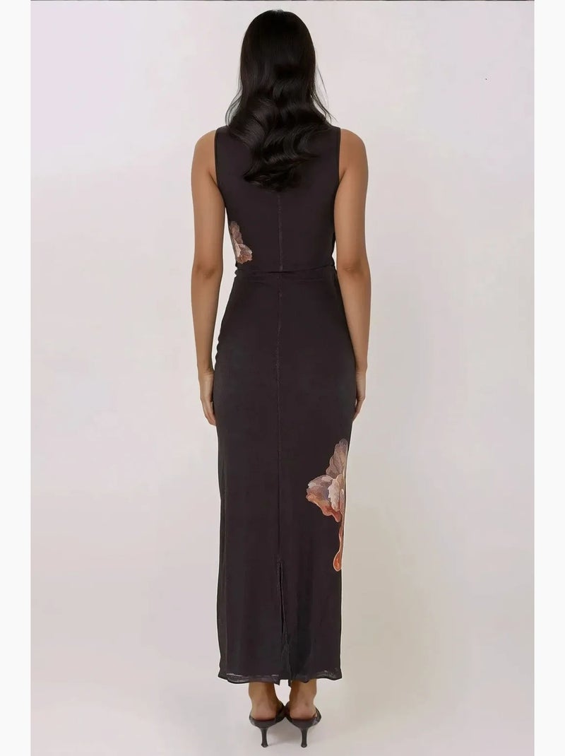 Vestido maxi bodycon com decote redondo floral hiccup Preto - Kiabi