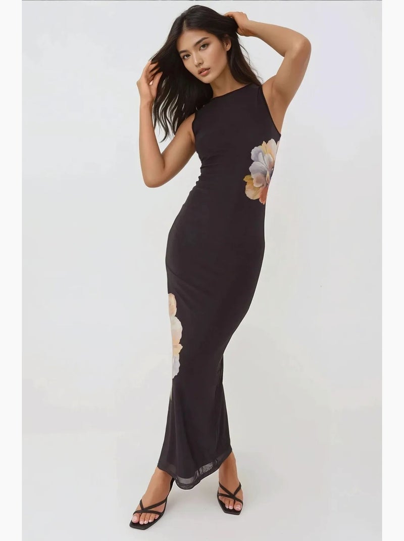 Vestido maxi bodycon com decote redondo floral hiccup Preto - Kiabi